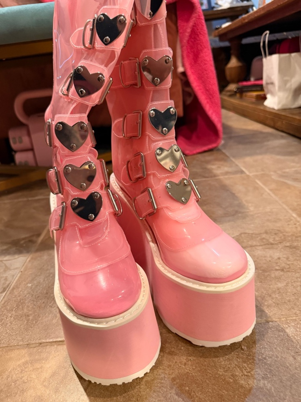 Demonia Pink Patent Platform Heart-Buckle Knee Boots